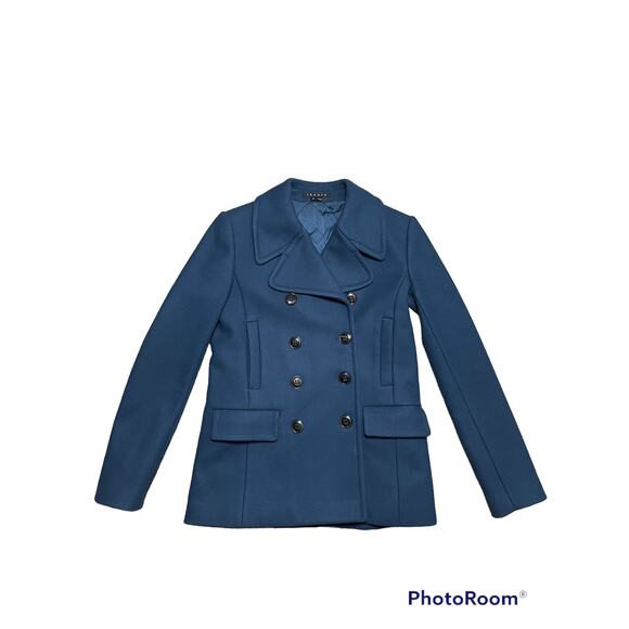Theory Rosey Apollo Cashmere/Wool Blend Lined Double Breasted Coat in Blue Sz P